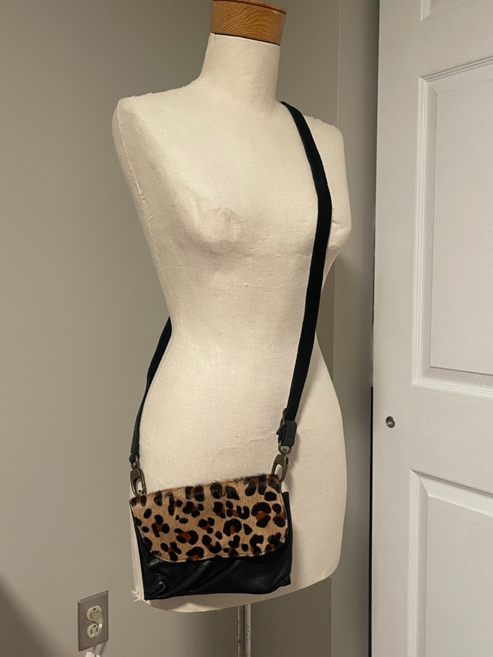 Leatherock Leather Leopard Print Crossbody Bag with Black Trim